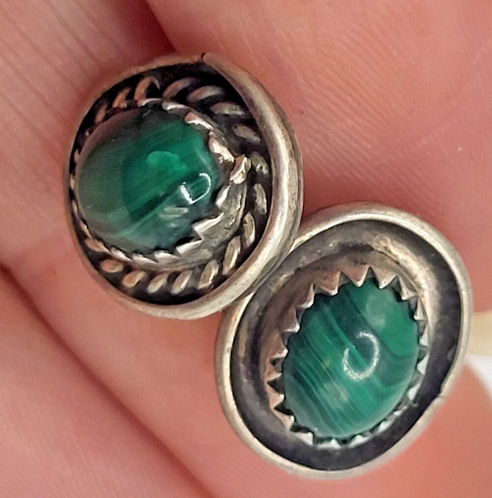 Malachite Sterling Silver Rope Wrap Style Stud Earrings 14mm Green Gemstone Nati